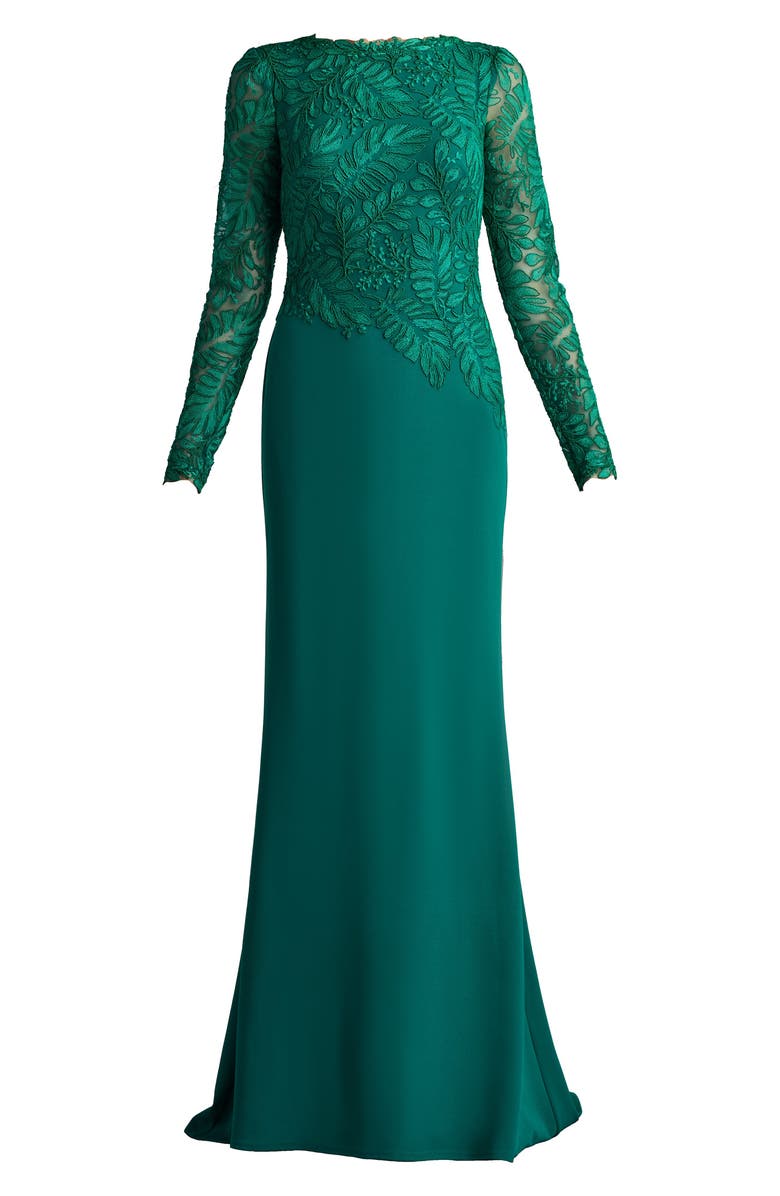 Tadashi Shoji Embroidered Leaf Print Long Sleeve Gown, Alternate, color, Emerald