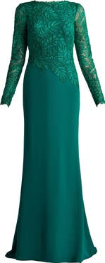 Tadashi Shoji Embroidered Leaf Print Long Sleeve Gown