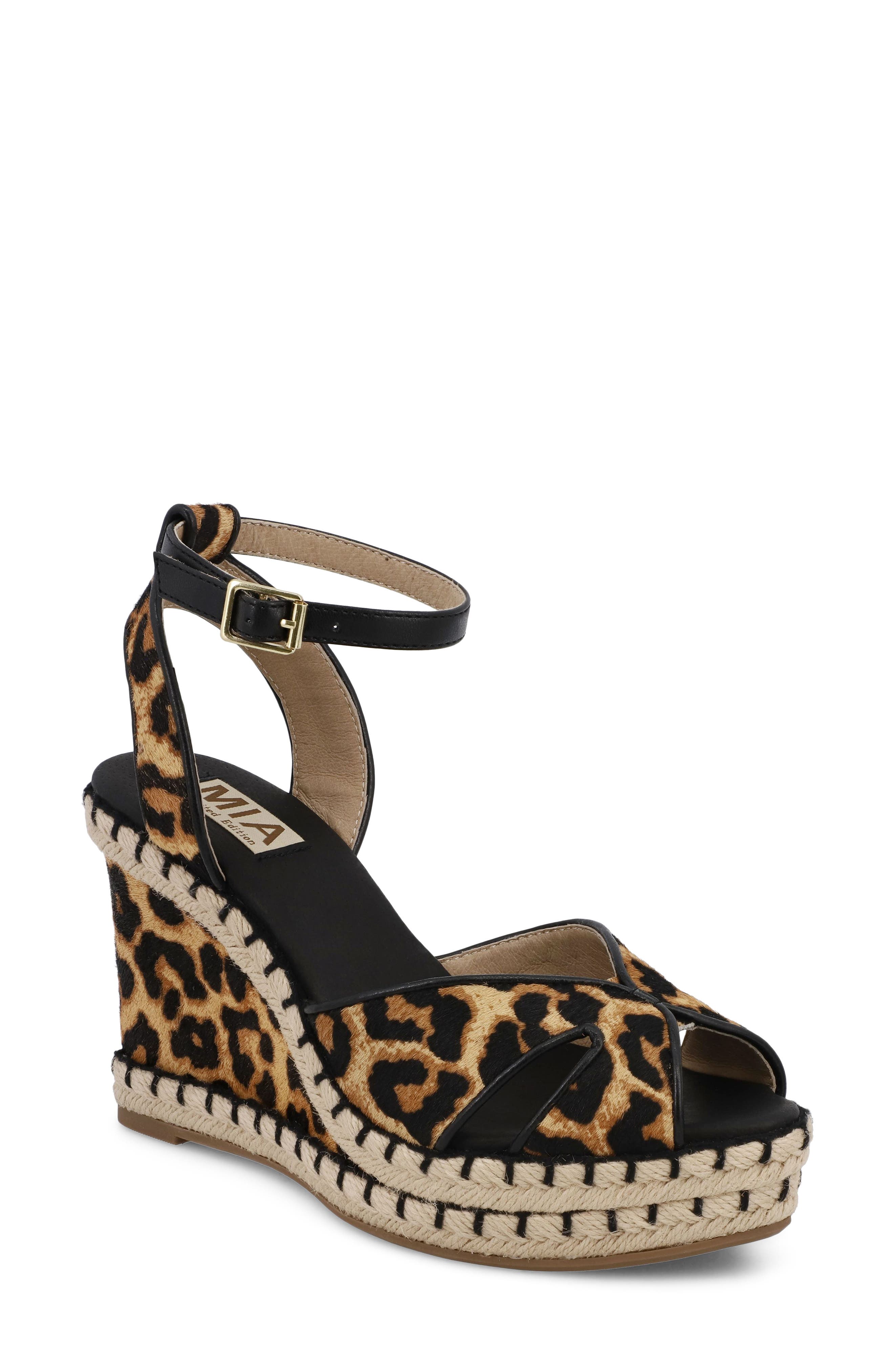 MIA Mallorca Ankle Strap Espadrille Genuine Calf Hair Platform Wedge Sandal, Main, color, Leopard Calf Hair