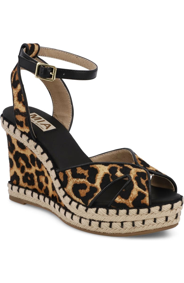 MIA Mallorca Ankle Strap Espadrille Genuine Calf Hair Platform Wedge Sandal, Main, color, Leopard Calf Hair