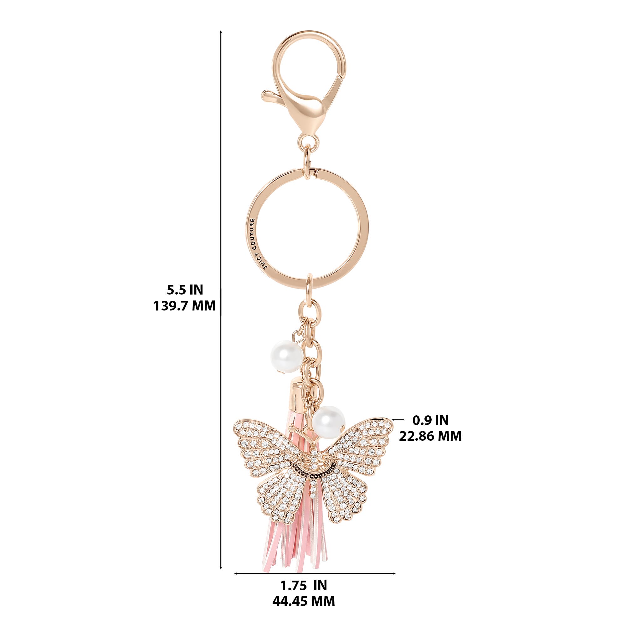 Juicy Couture Butterfly Charm Keychain with Pearls, Alternate, color, Gold, Pink