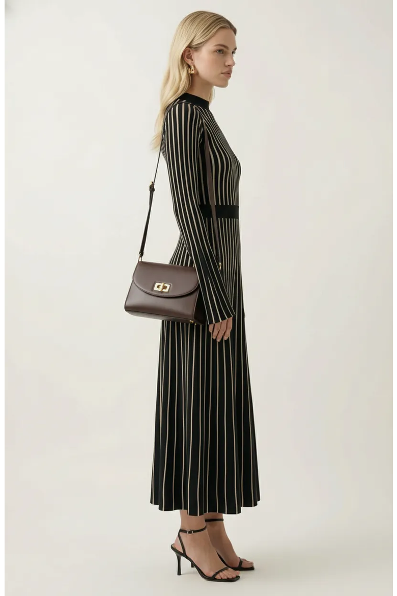 Striped Rib-Knit Long Sleeve Maxi Dress with Mock Neck, Alternate, color, Black / White Stripe