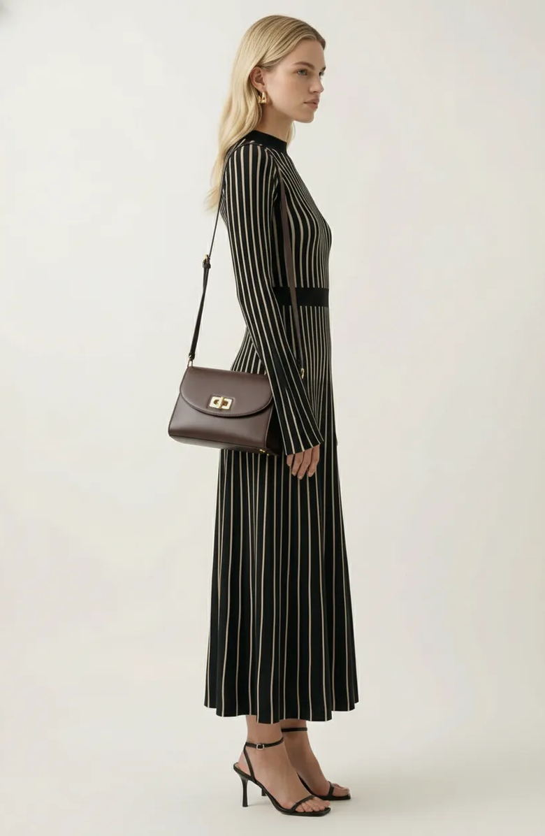Modenaire Striped Rib-Knit Long Sleeve Maxi Dress with Mock Neck, Alternate, color, Black / White Stripe