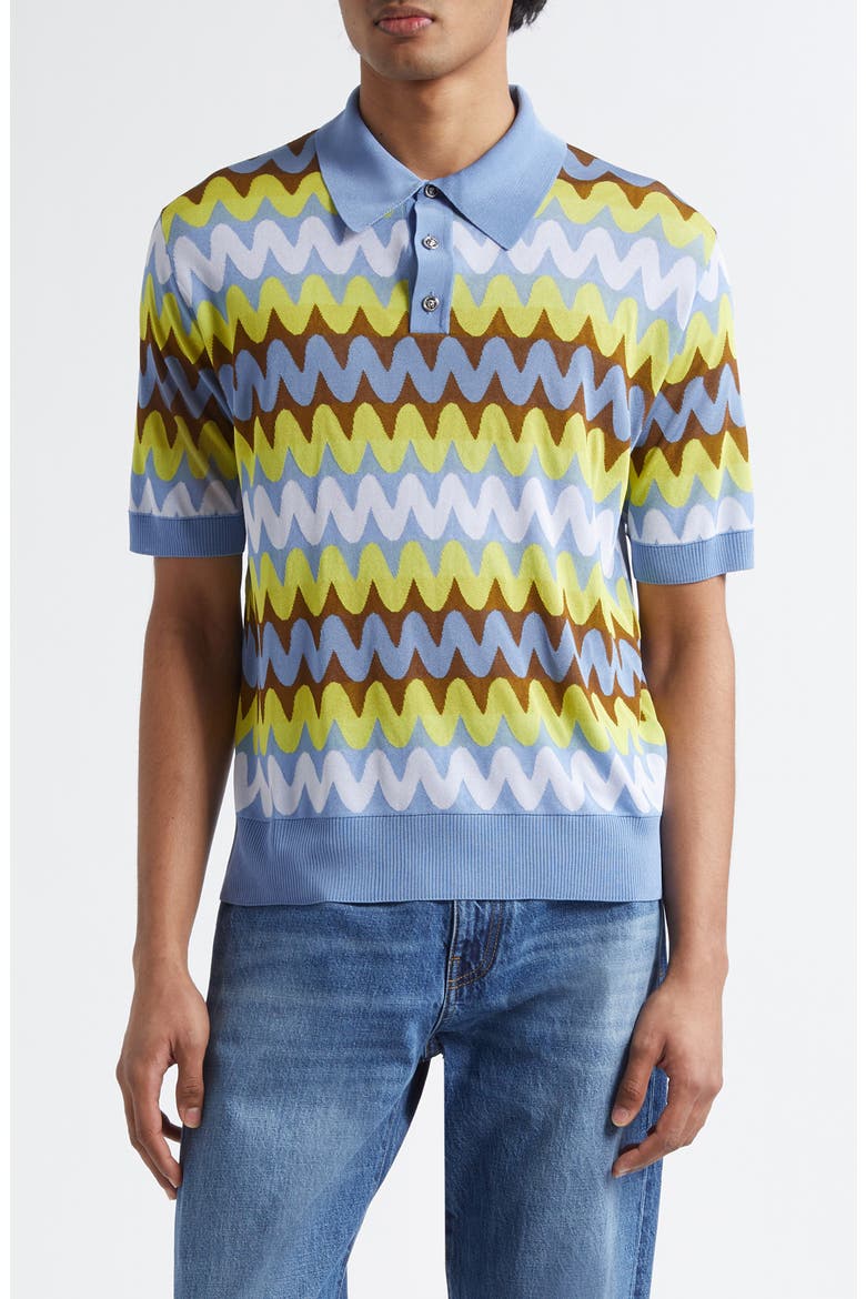 Wave Knit Short Sleeve Polo Sweater, Main, color, LIGHT BLUE MULTICOLOR