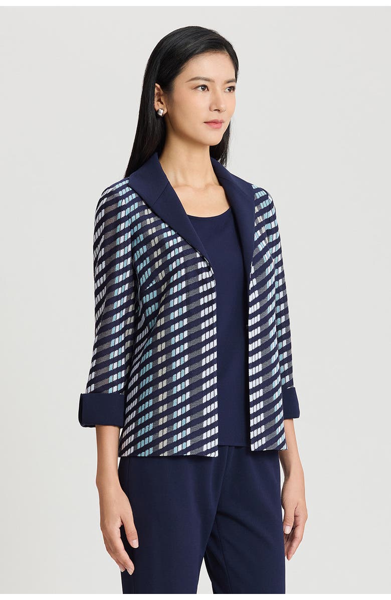 Ming Wang Heritage Mixed-Media Wing Collar Jacket, Alternate, color, Indigo/Limestone/Serene/White