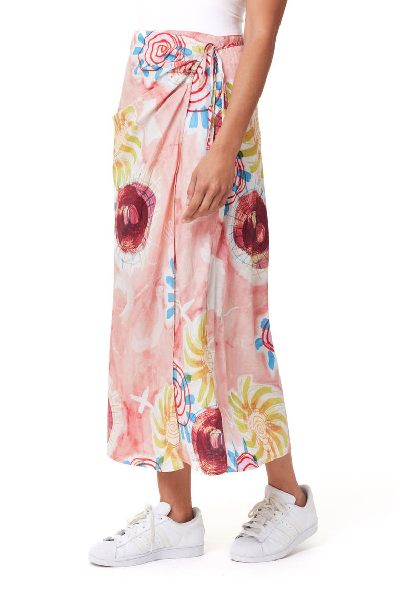 Print Stretch Linen Blend Midi Wrap Skirt, Alternate, color, ABSTRACT SUN PINK