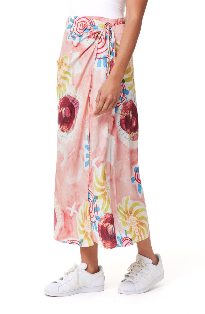 Scotch & Soda Print Stretch Linen Blend Midi Wrap Skirt, Alternate, color, Abstract Sun Pink