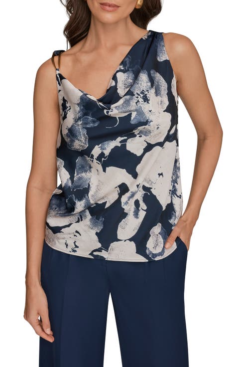 Floral Asymmetric Sleeveless Hardware Accent Top