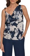 Donna Karan New York Floral Asymmetric Sleeveless Hardware Accent Top
