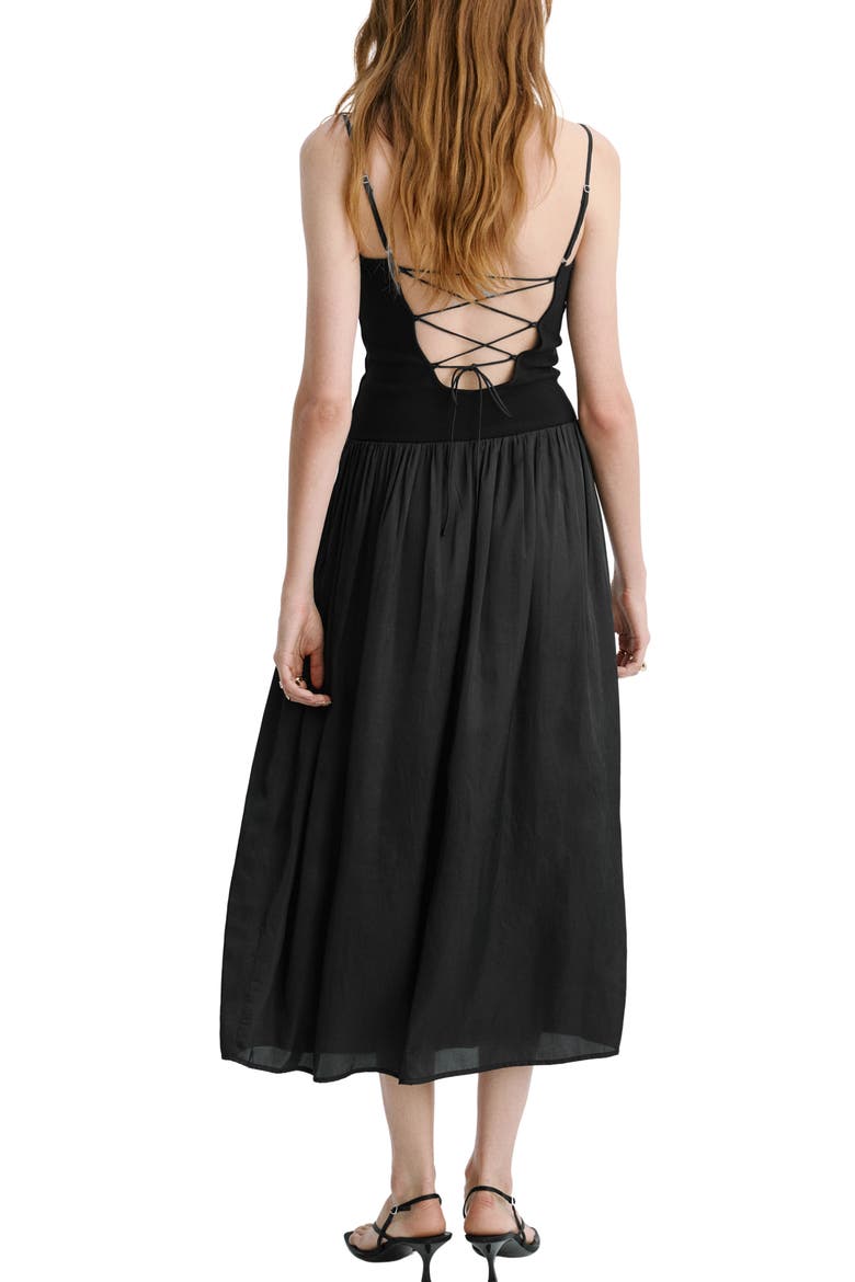 Lace-Up Back Drop Waist Mixed Media Dress, Alternate, color, BLACK
