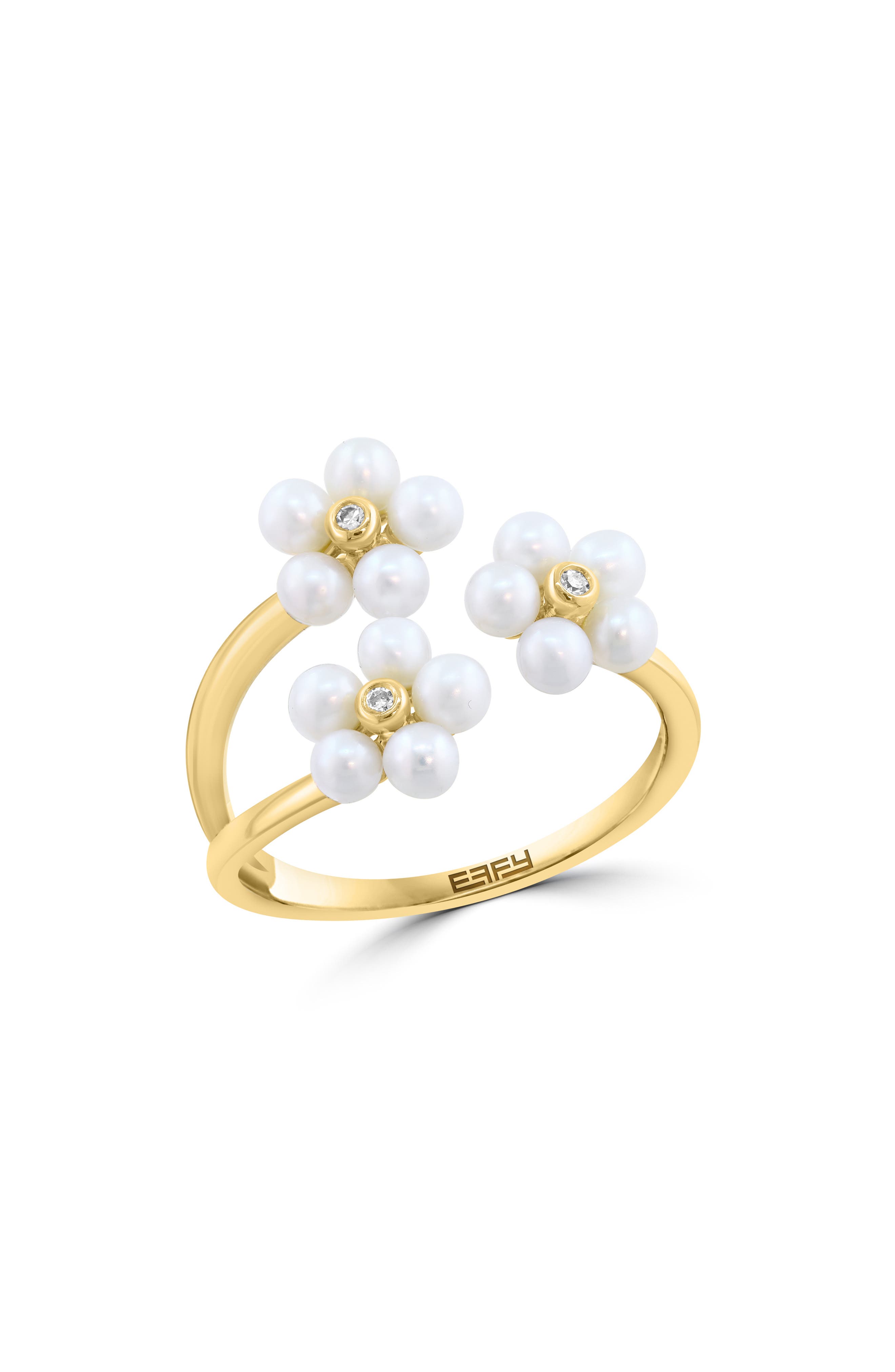 14K Gold Diamond & Freshwater Pearl Flower Ring