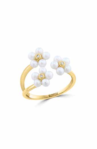 14K Gold Diamond & Freshwater Pearl Flower Ring
