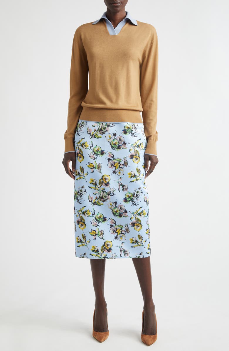 Emilia Wickstead Lorelei Floral Satin Midi Pencil Skirt, Alternate, color, Floral Green/Yellow On Blue