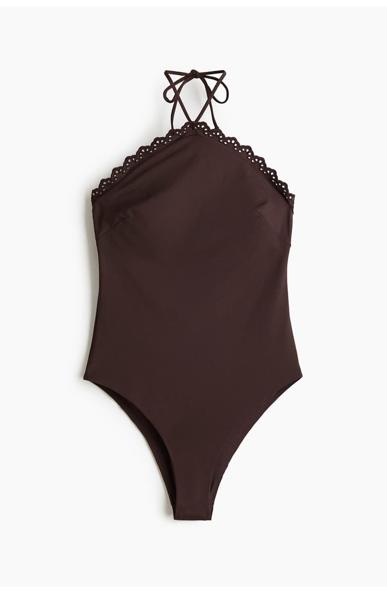 H&M Padded-cup Halterneck Swimsuit, Main, color, Dark Brown