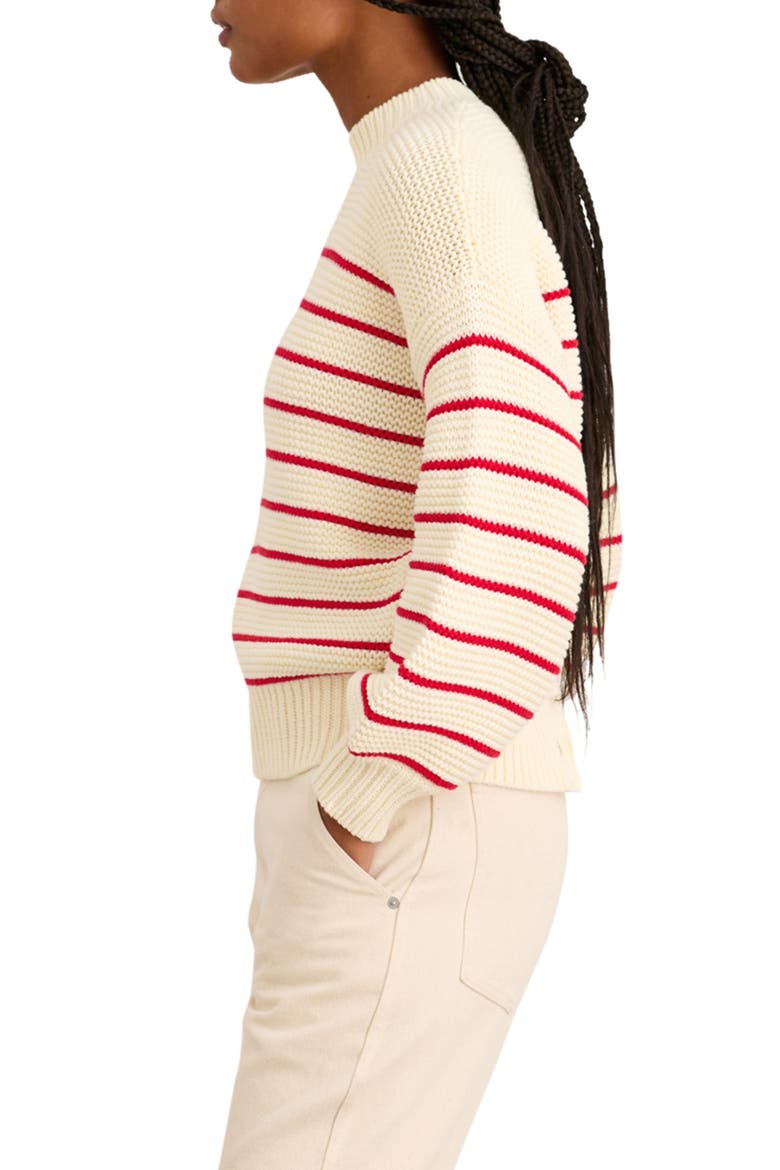 Women's Stripe Button Back Cotton Crewneck Sweater, Alternate, color, IVORY/ RED