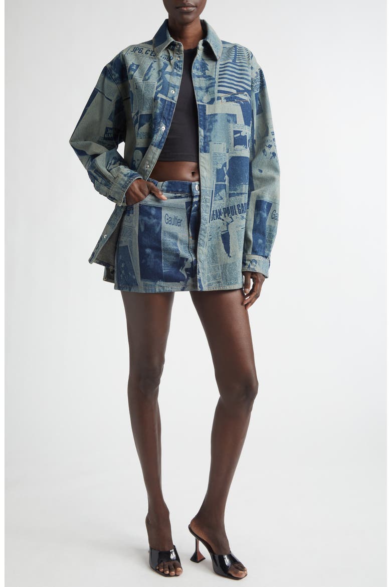 Newspaper Print Denim Miniskirt, Alternate, color, INDIGO/ BEIGE