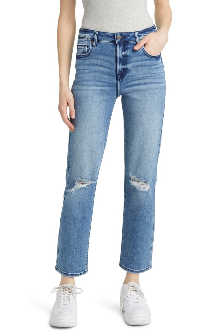 Distressed Straight Leg Jeans, Main, color, MEDIUM DARK WASH