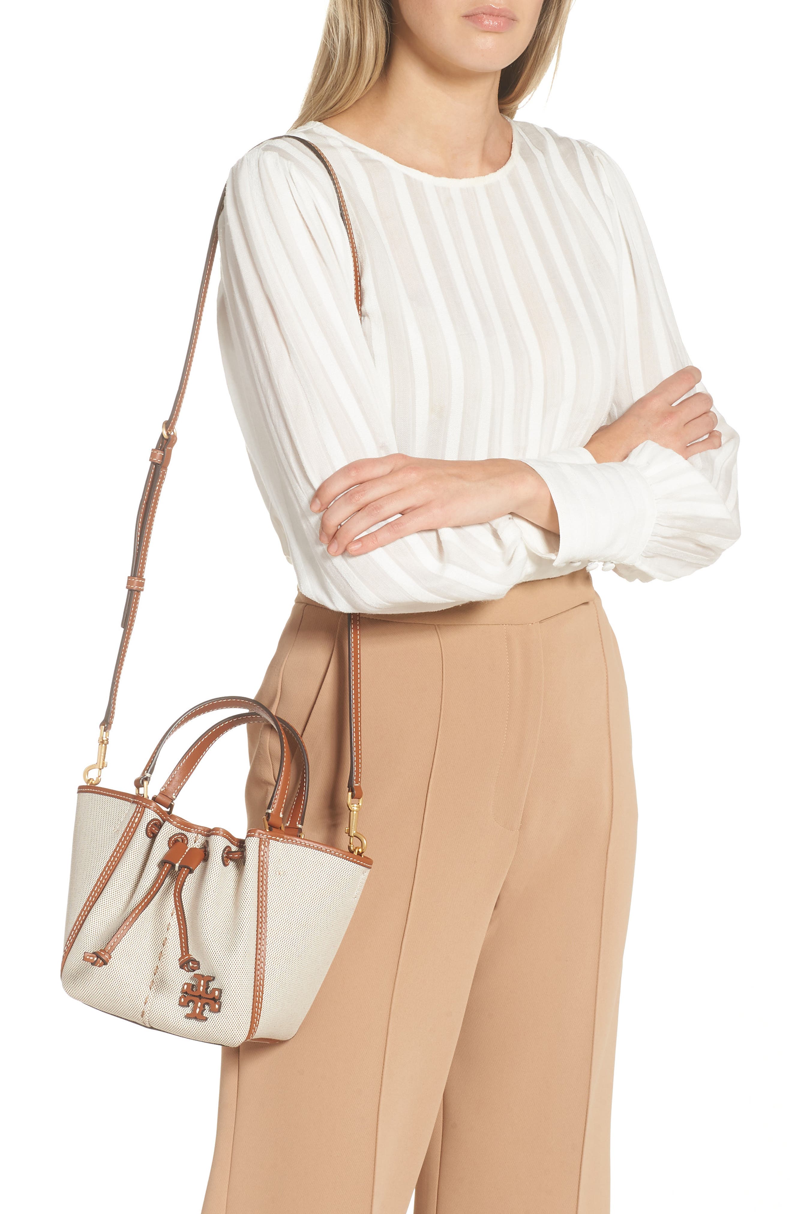 Tory Burch McGraw Mini Canvas Drawstring Satchel, Alternate, color, 