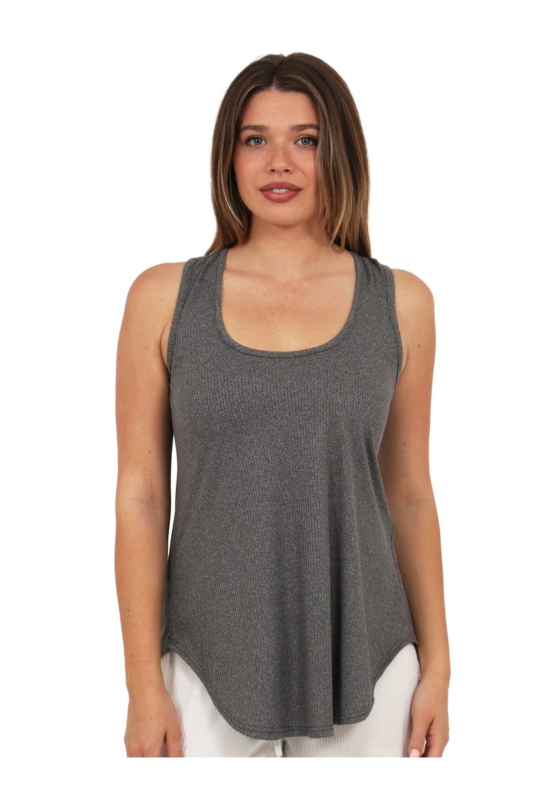 Womens Basic Ribbed Knit Sleeveless Scoop Neck Long Flared Tank Top, Main, color, Smoke