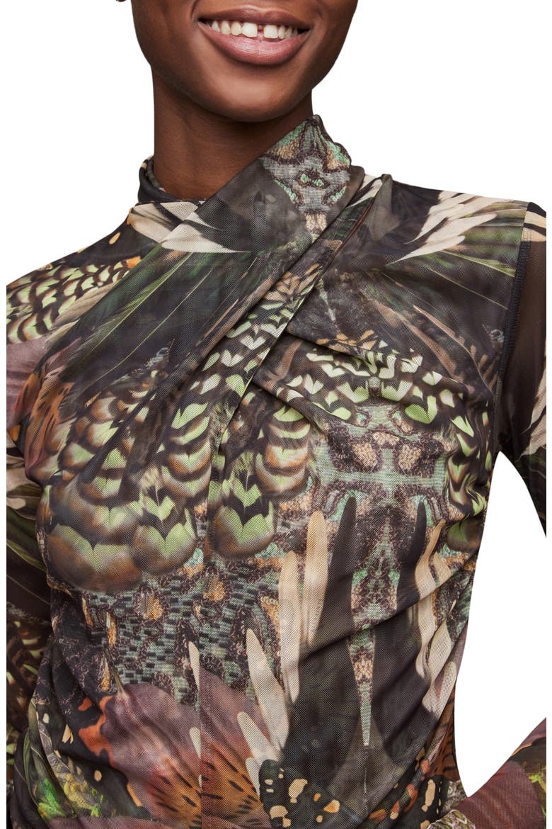 Tia Gene Print Mesh Turtleneck, Alternate, color, JEWEL GREEN