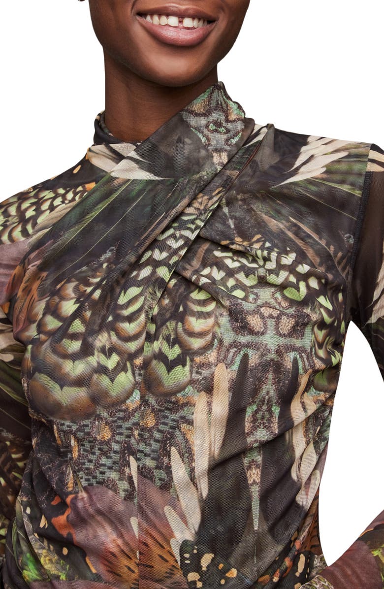 AllSaints Tia Gene Print Mesh Turtleneck, Alternate, color,