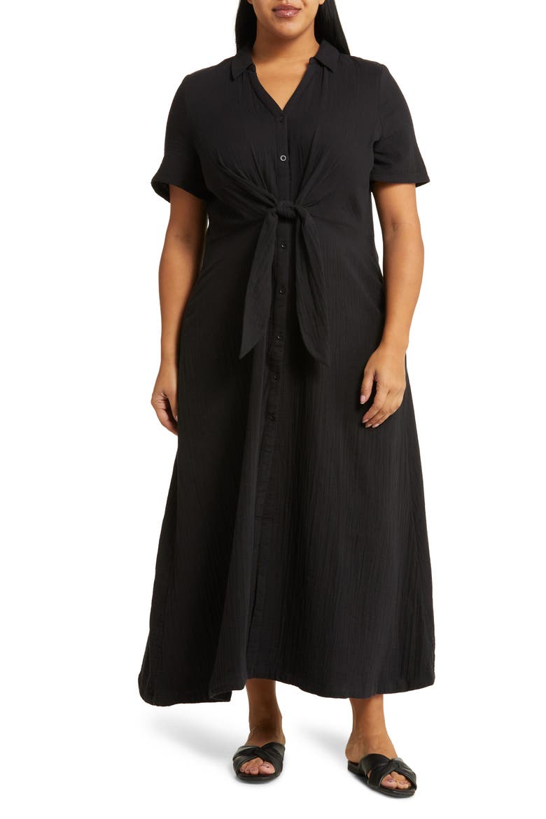 Tie Front Cotton Gauze Maxi Dress, Main, color, BLACK
