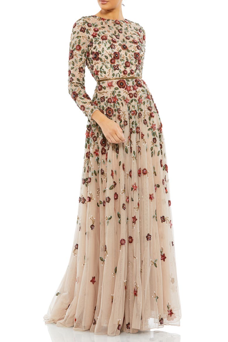 Embellished High Neck Long Sleeve A Line Gown, Main, color, ANTIQUE ROSE