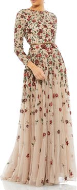 Mac Duggal Embellished High Neck Long Sleeve A Line Gown