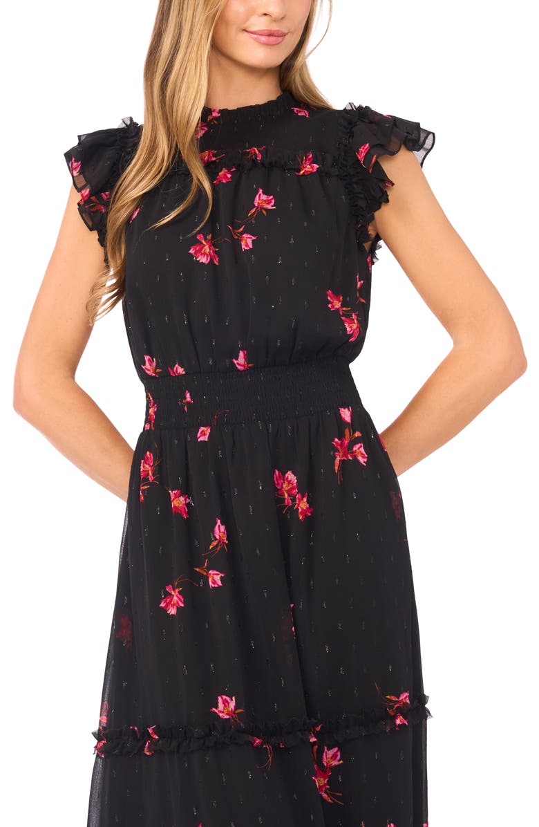 CeCe Floral Flutter Sleeve Smocked Midi Dress, Alternate, color, Rich Black