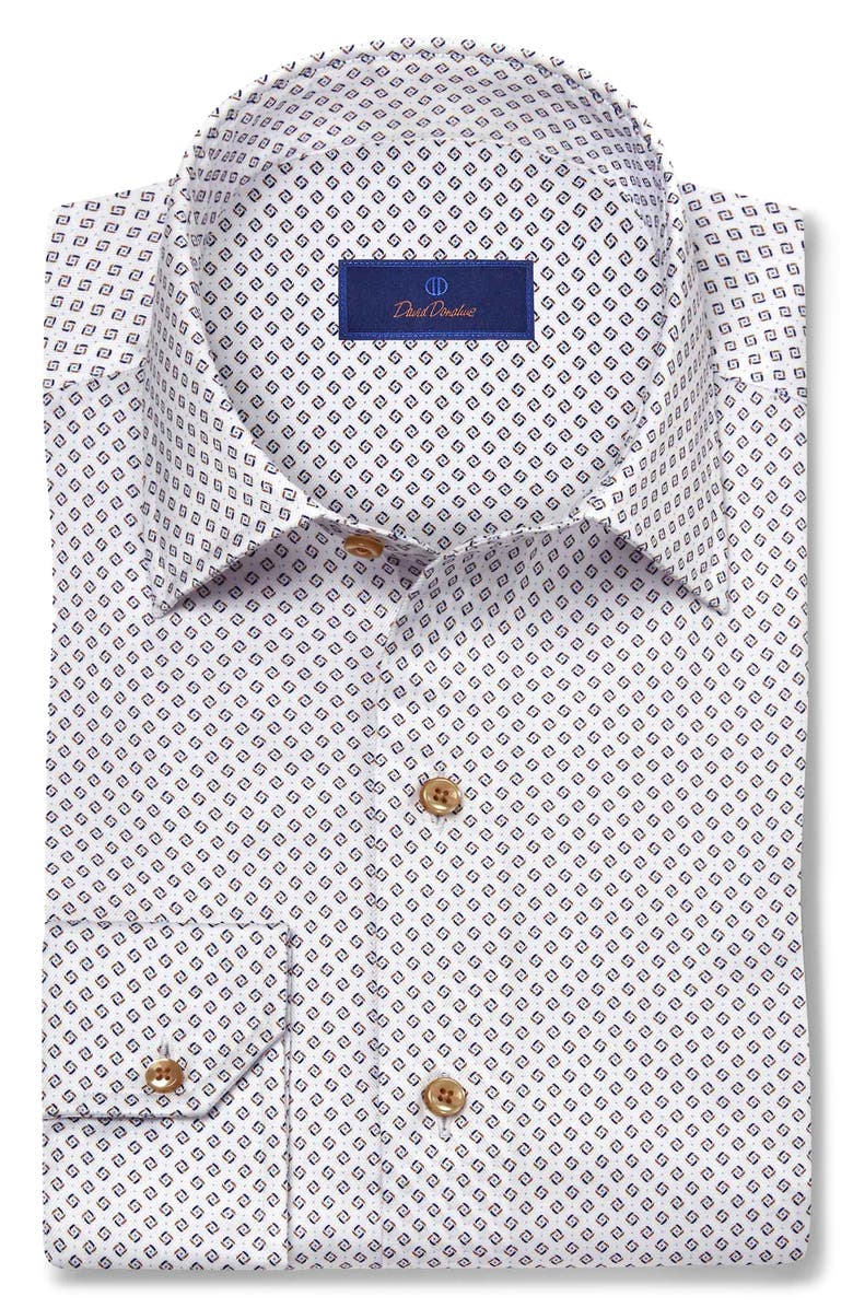 David Donahue Micro Geometric Print Sport Shirt, Main, color, White/Chocolate