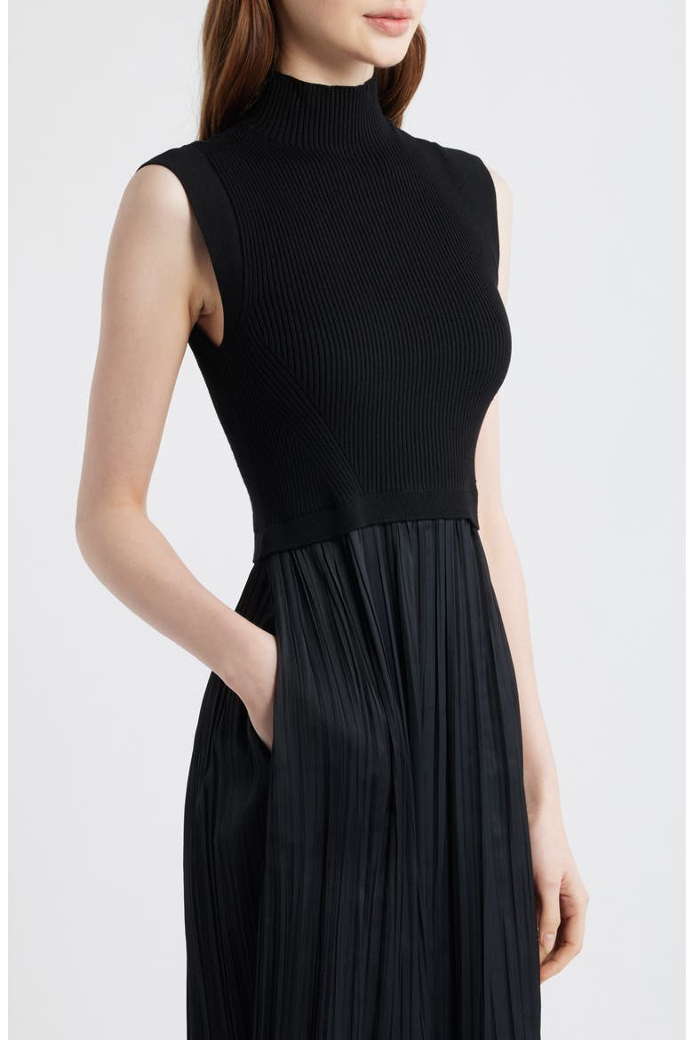 Mixed Media Rib Funnel Neck Midi Dress, Alternate, color, BLACK