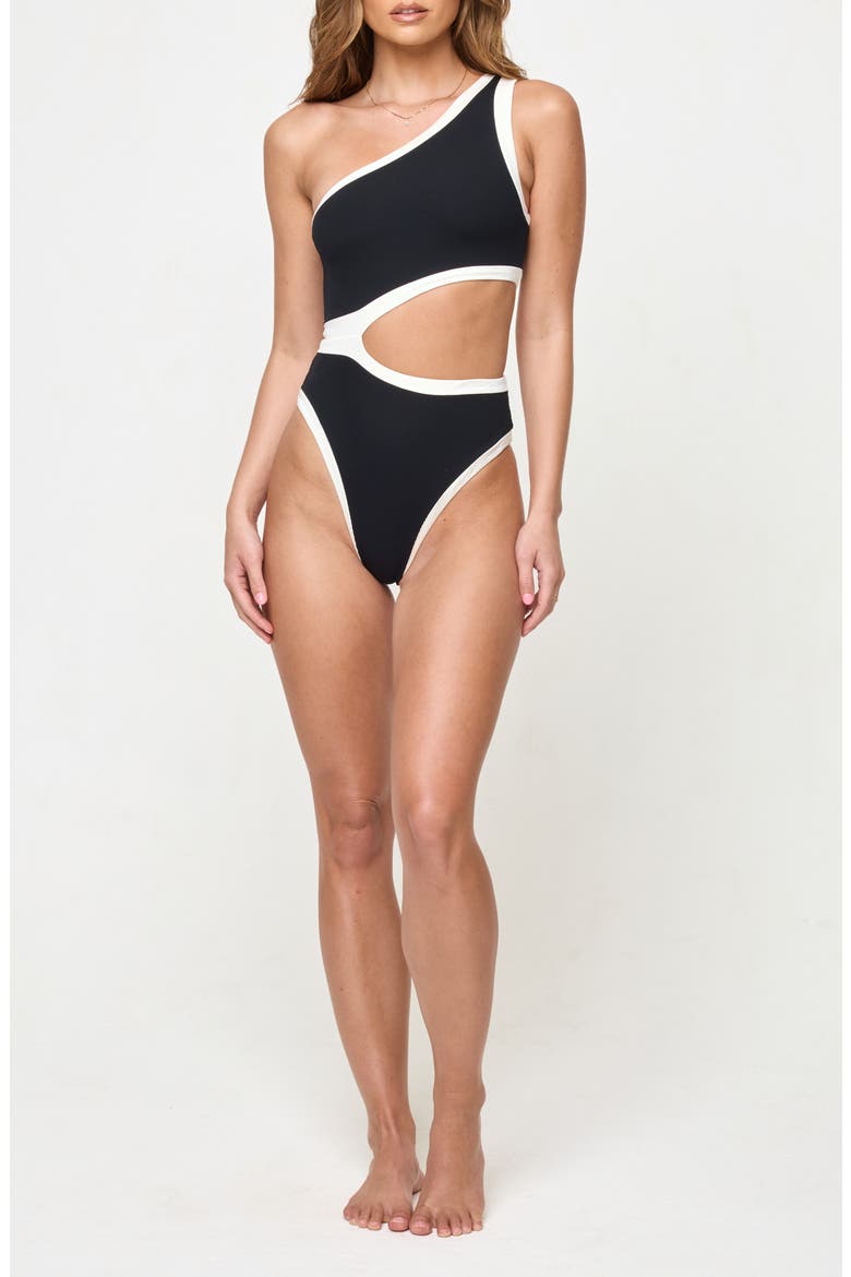 Loren Cutout Rib & Jersey One-Piece Swimsuit, Main, color, BLACK/ CREAM