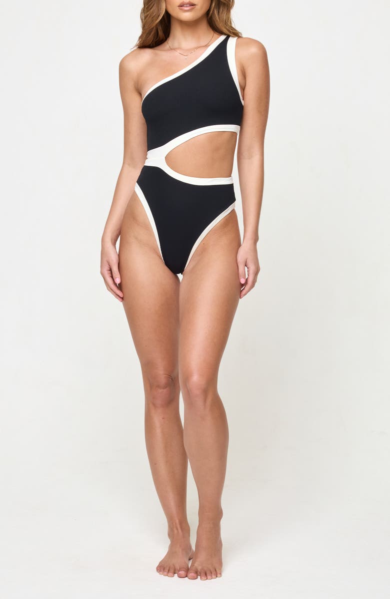LSPACE Loren Cutout Rib & Jersey One-Piece Swimsuit, Main, color, Black/ Cream