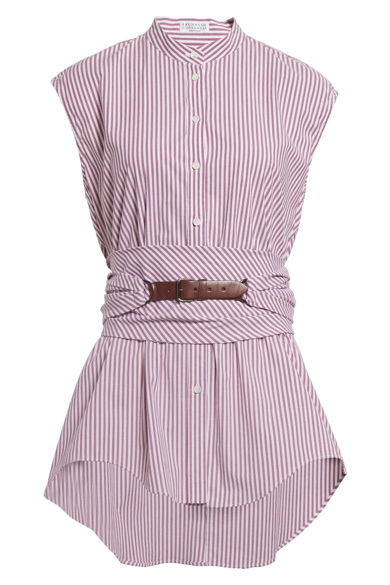 Stripe Belted Cap Sleeve Stretch Poplin Button-Up Shirt, Main, color, WHITE PRUNE