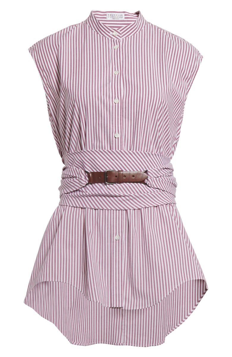 Brunello Cucinelli Stripe Belted Cap Sleeve Stretch Poplin Button-Up Shirt, Main, color, White Prune