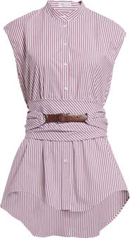 Brunello Cucinelli Stripe Belted Cap Sleeve Stretch Poplin Button-Up Shirt