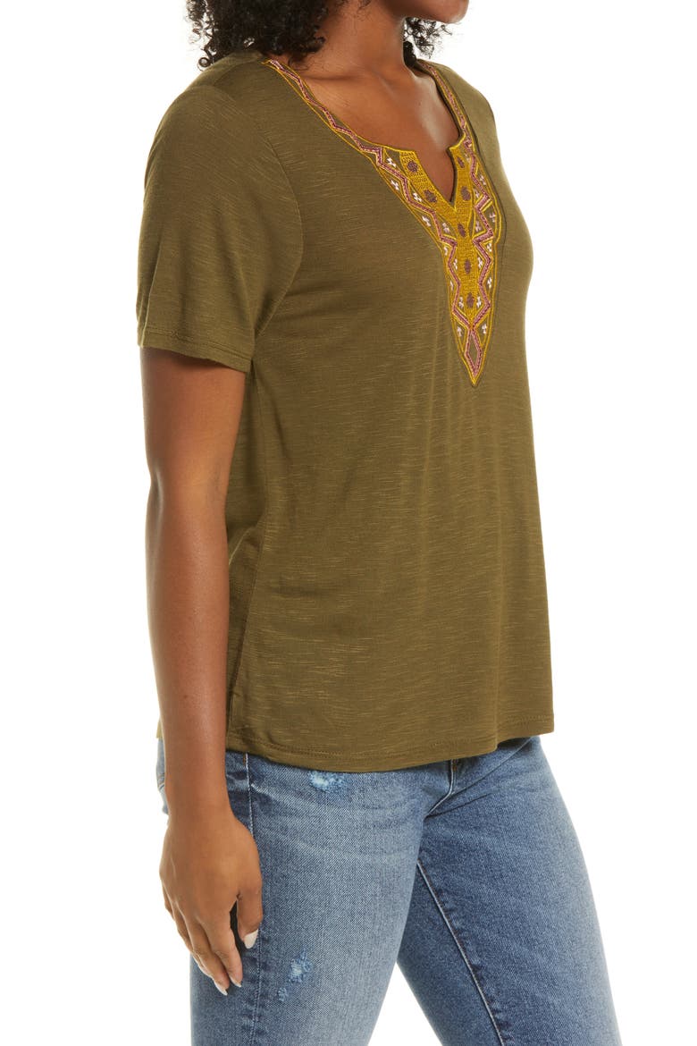 Embroidered Neck T-Shirt, Alternate, color, DARK OLIVE