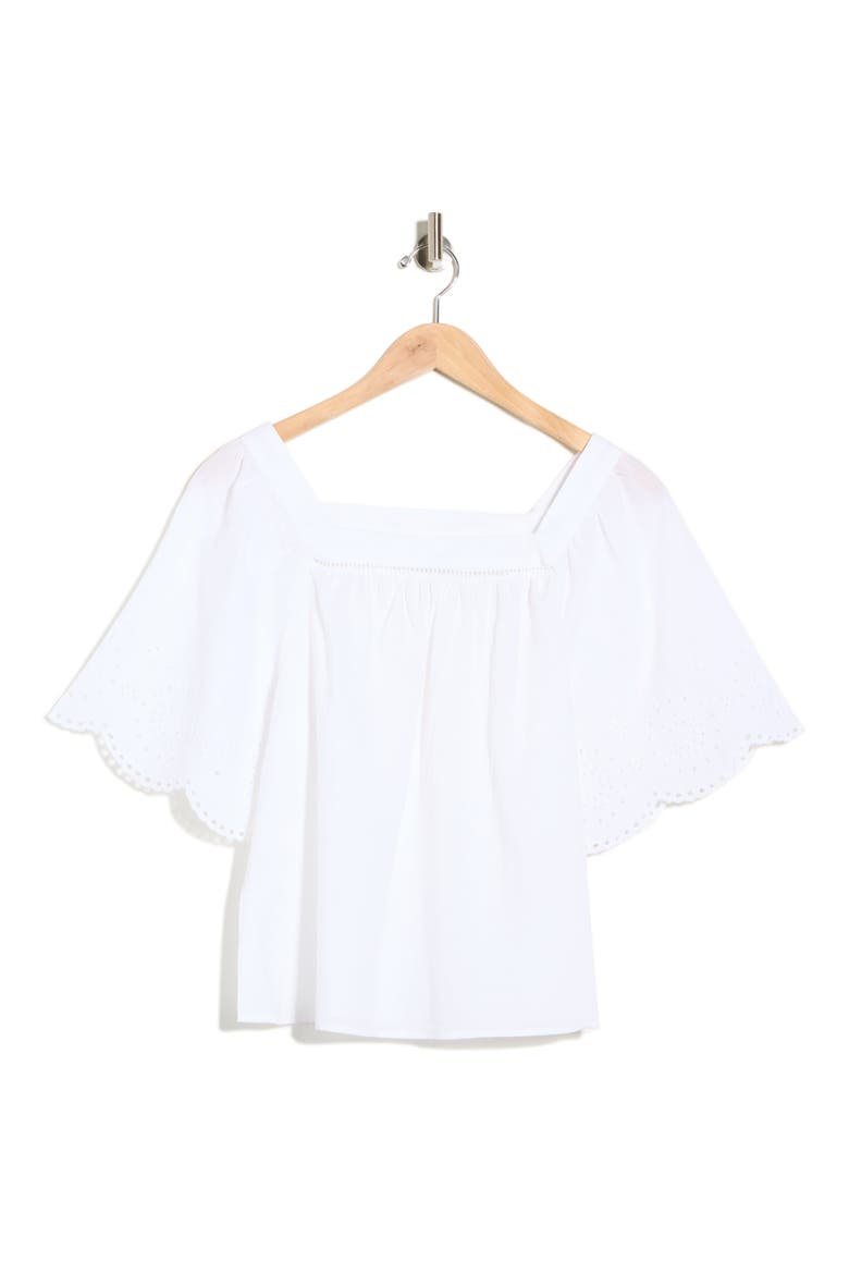 Square Neck Flutter Sleeve Cotton Top, Alternate, color, WHITE