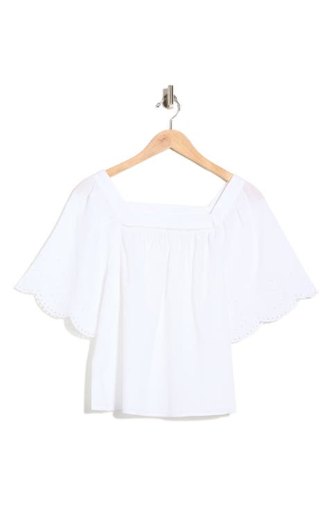 Square Neck Flutter Sleeve Cotton Top