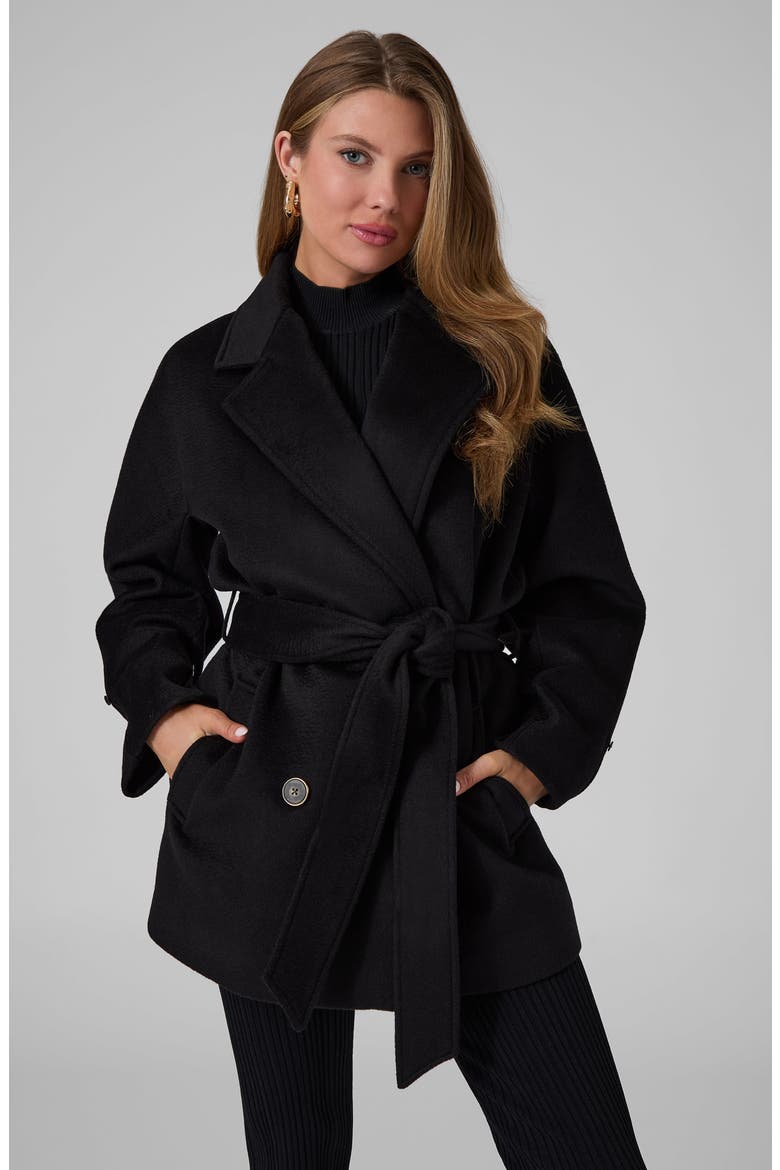 Sophy Wool Double Breasted Coat with Faux Fur Trim, Alternate, color, JBLACK-BLACK