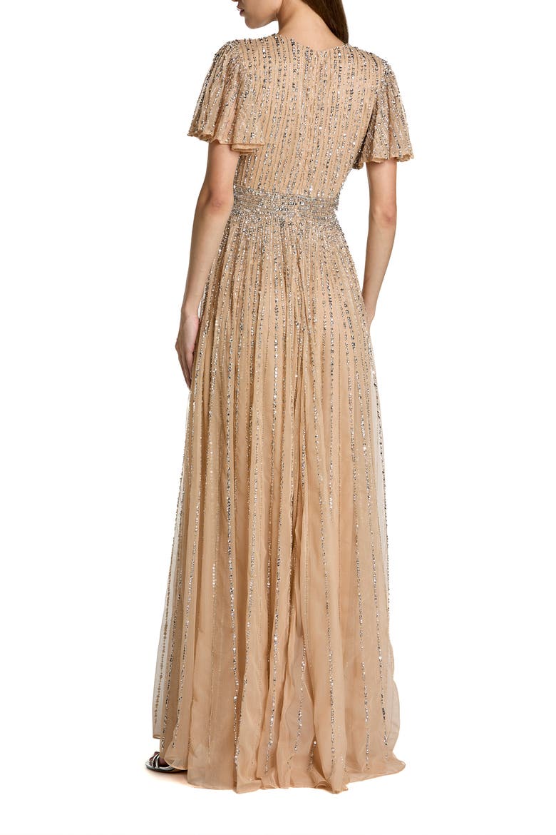Hand Embellished V-Neck Flutter Sleeve Gown, Alternate, color, Nude Silver