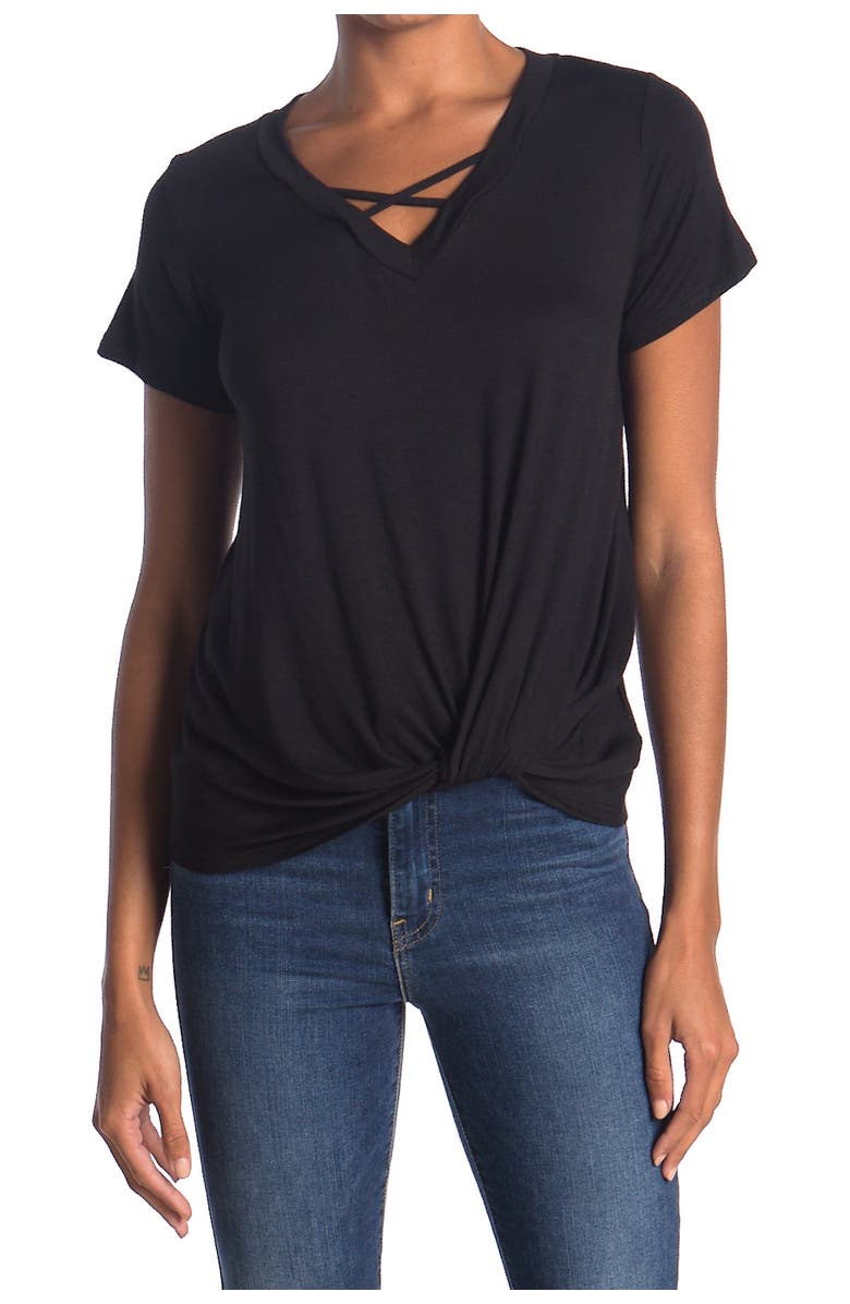 Bobeau Short Sleeve Crisscross Twist Front T-Shirt, Main, color,