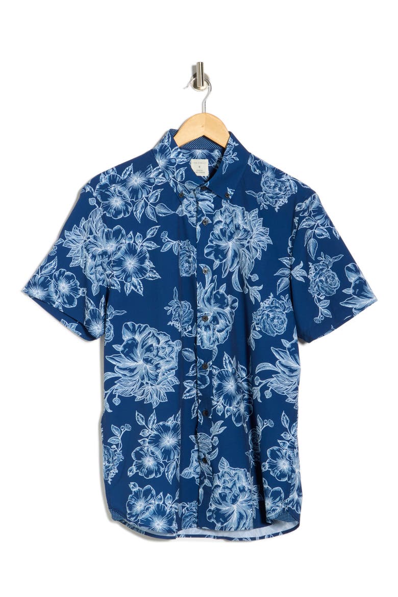 Slim Fit Floral Short Sleeve Stretch Button-Down Shirt, Alternate, color, NAVY