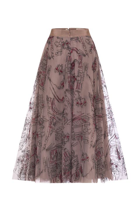Embroidered Tulle Skirt With Floral Yarn and Sequin Embroidery Vive La France