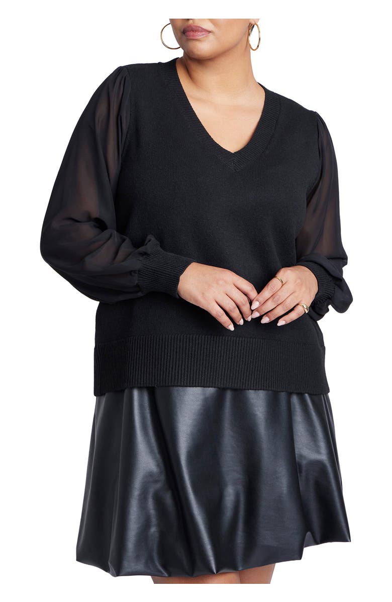 ELOQUII Sheer Sleeve V-Neck Sweater, Main, color, Black Onyx