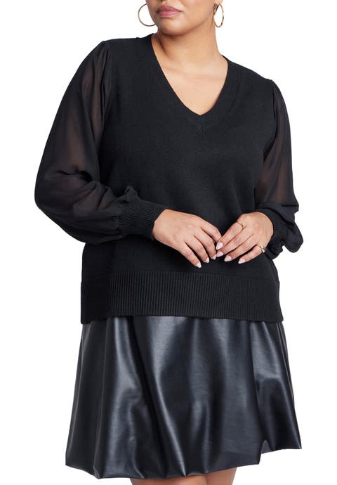 Sheer Sleeve V-Neck Sweater (Plus Available)