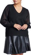 ELOQUII Sheer Sleeve V-Neck Sweater