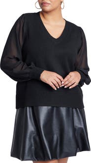 ELOQUII Sheer Sleeve V-Neck Sweater