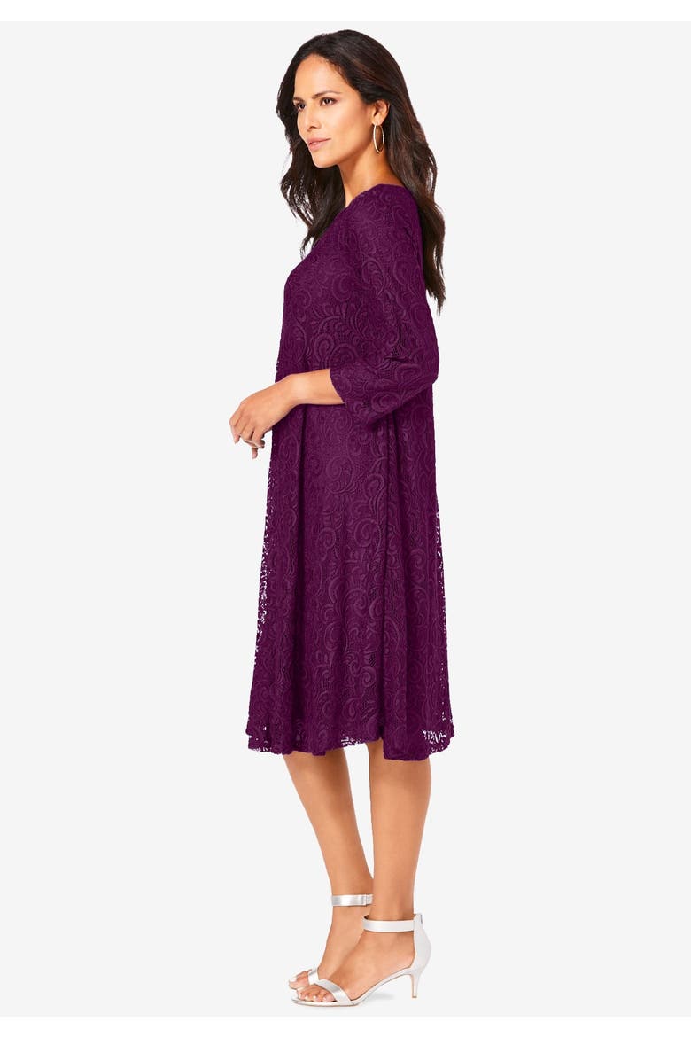 Plus Size 3/4 Sleeve Boatneck Lace Swing Dress, Alternate, color, DARK BERRY