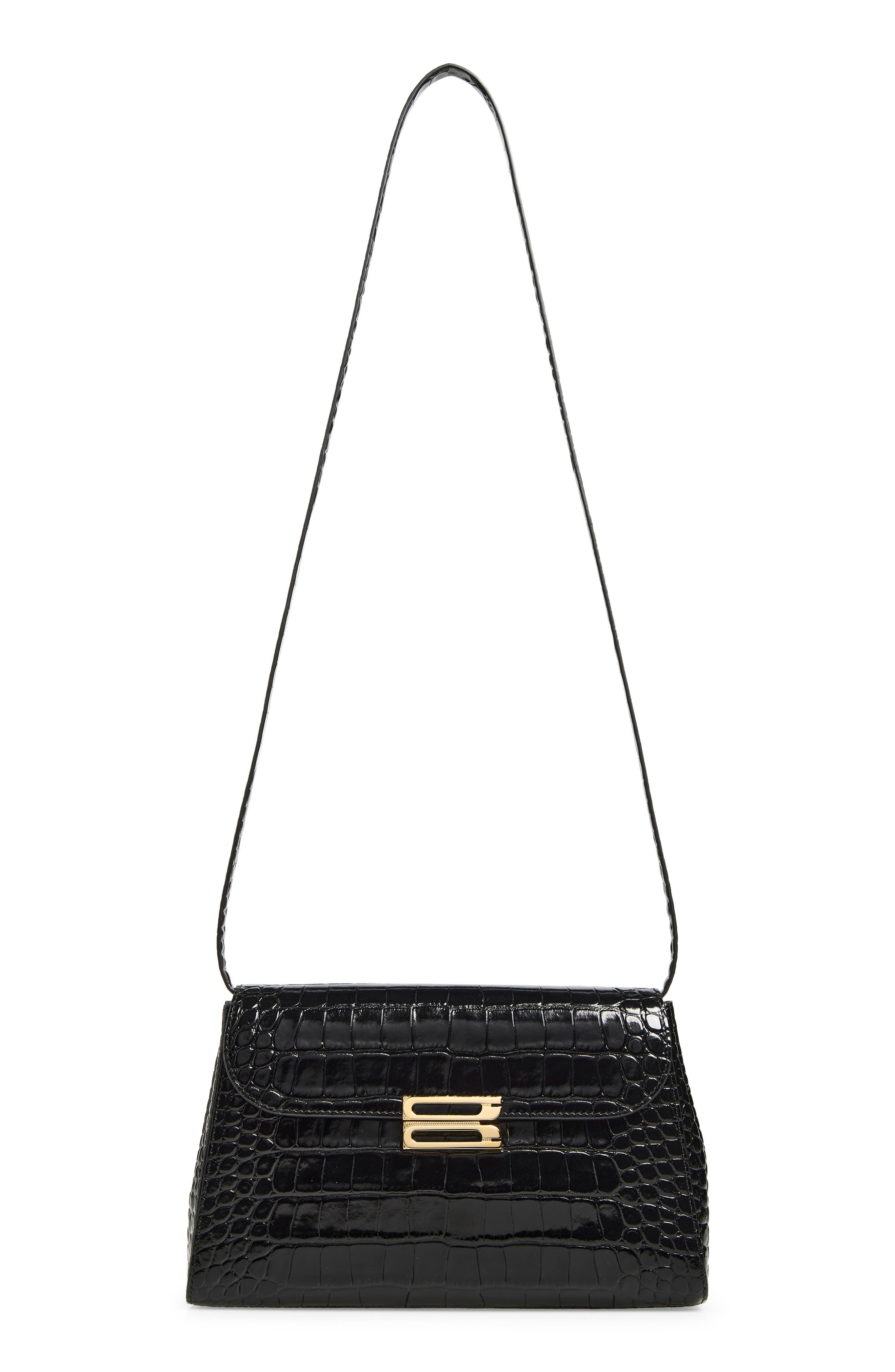 Dorian Croc Embossed Leather Trapeze Bag, Alternate, color, BLACK 1
